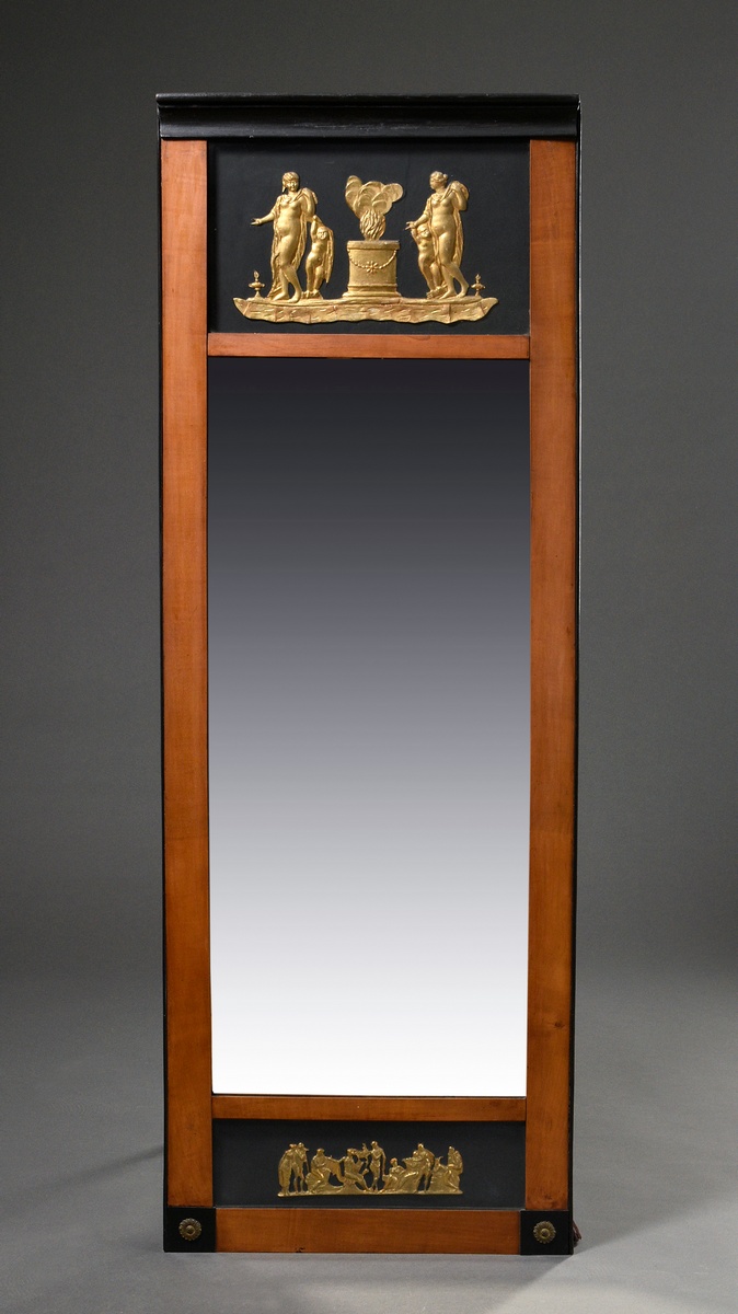 Large cherrywood console mirror with ebonised mouldings and panels, pediment with gilded relief "Tw