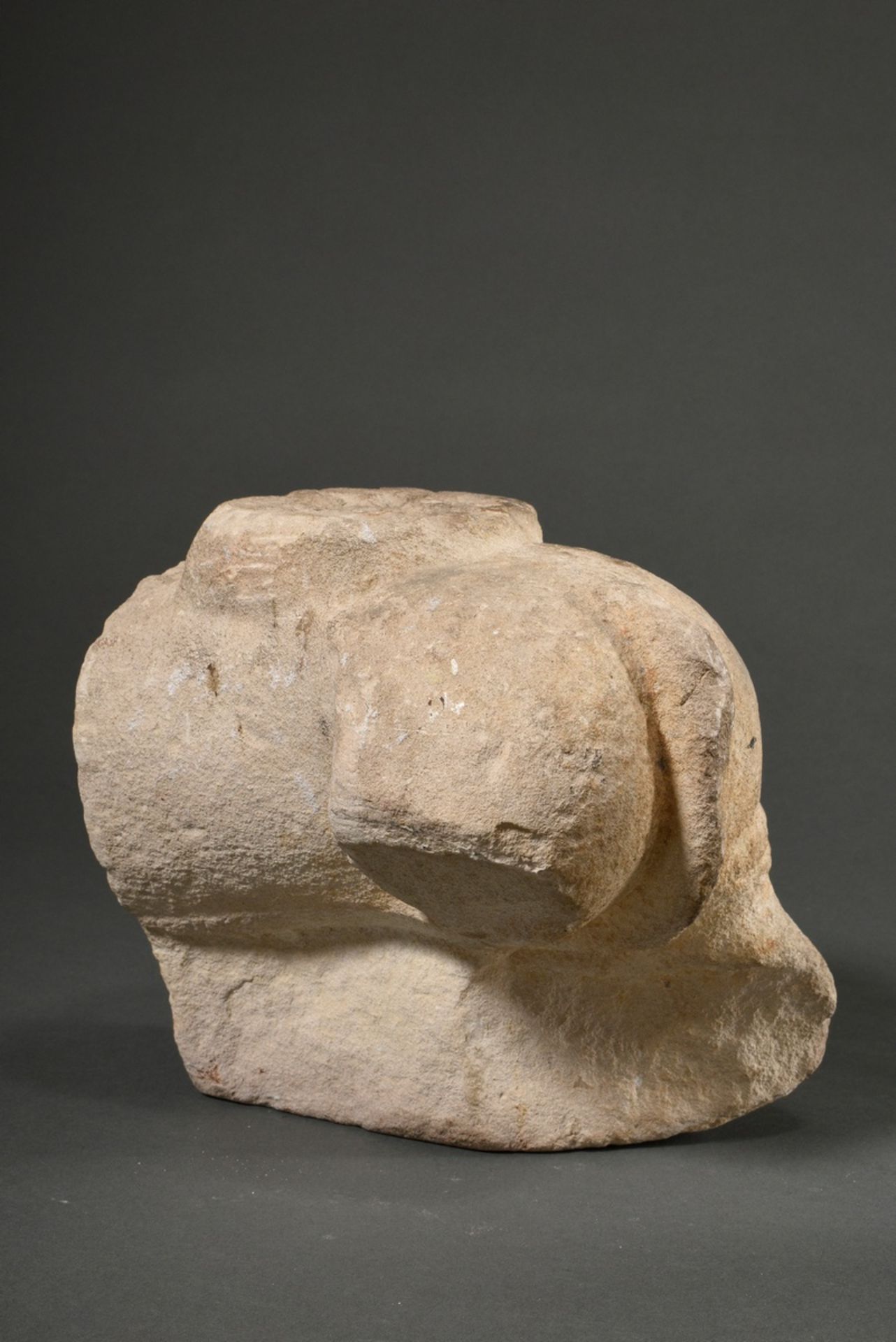 Late medieval sandstone column base "Reclining lion with open mouth", 45x34x20cm, strong traces of  - Image 8 of 11