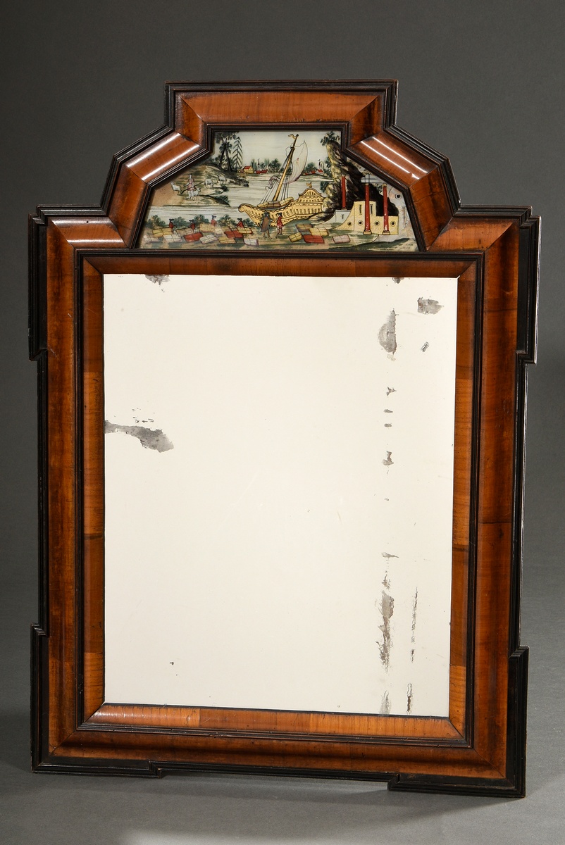 Dutch baroque mirror with beaded frame and reverse glass painting in the gable "Kauffahrteiszene", 