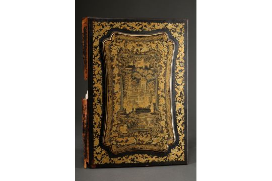 Chinoiserie lacquer portfolio with gold decoration "Courtly scene with landscape and architecture", - Image 1 of 8