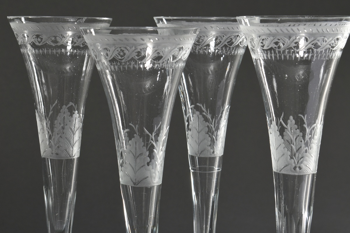 4 Empire champagne flutes with floral cut ‘acanthus leaves and tendril frieze’ on the cupola over a - Image 2 of 3