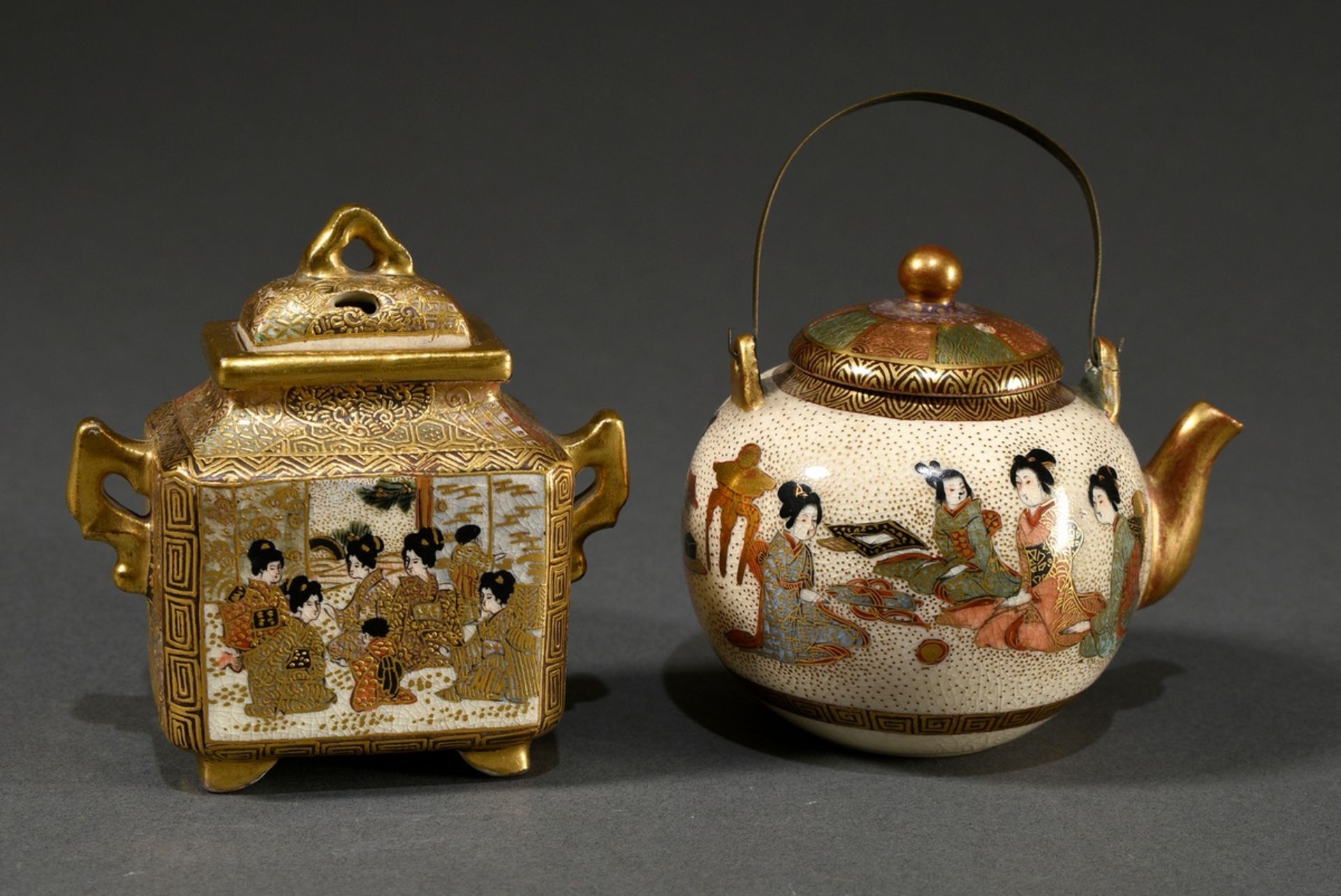 2 Diverse Satsuma Keramik Miniaturen mit reicher Goldmalerei und figürlichen Szenen, Japan Meiji Pe - Bild 2 aus 6