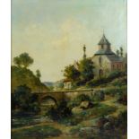 MASCART Gustave (1834-1914) "Kirche im Dorf", Öl auf Leinwand. Dörfliche Landschaft, Brücke zu eine