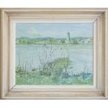 GYGAX, Robert (1881 - 1969) "Uferpartie mit Wasserturm von Konstanz", Blick übers Schilf auf das ge