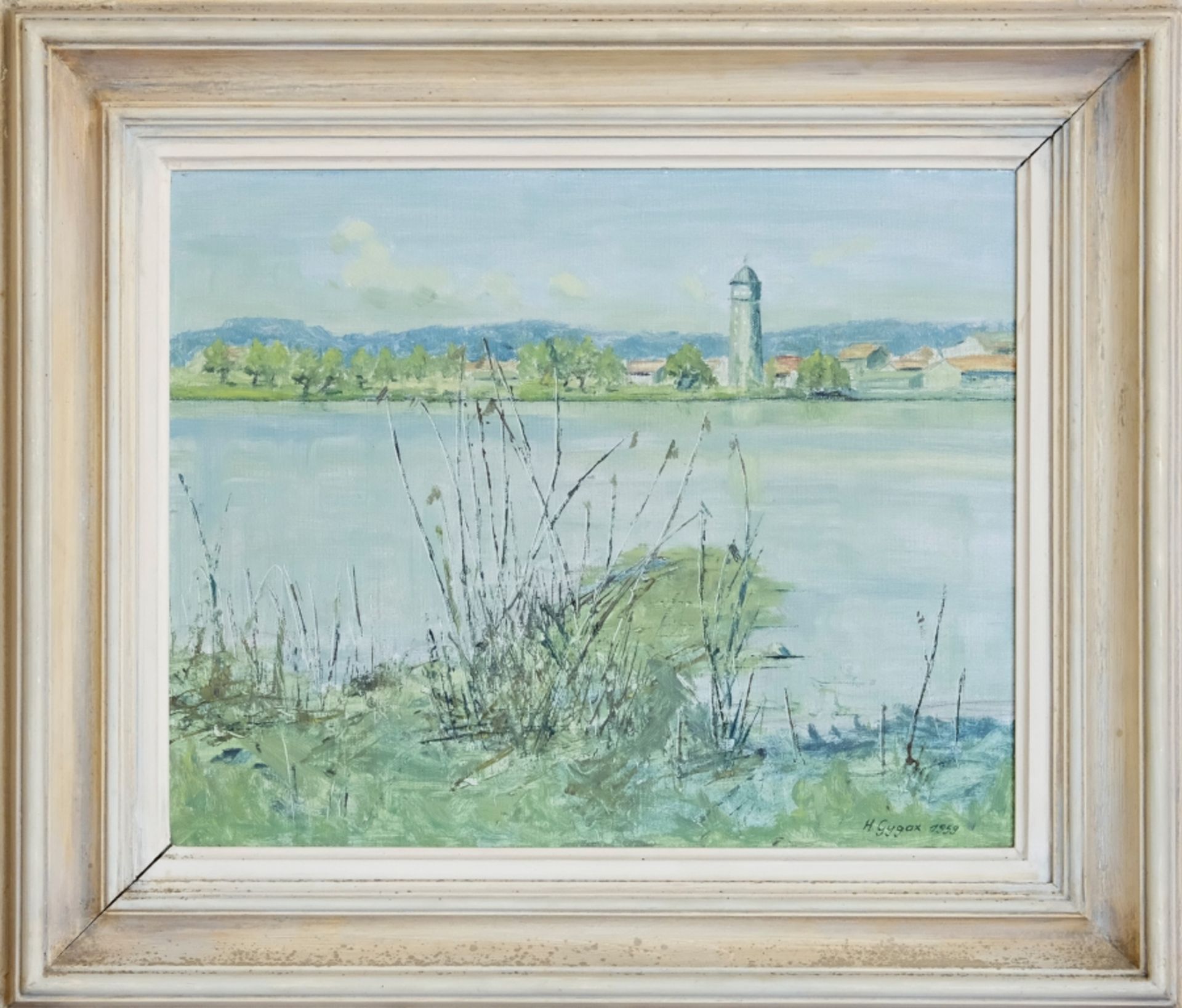 GYGAX, Robert (1881 - 1969) "Uferpartie mit Wasserturm von Konstanz", Blick übers Schilf auf das ge