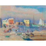 LEHMANN Hans O. "Hafen in Griechenland", Pastellkreide auf Papier. Kaimauer, anliegende Boote, zart