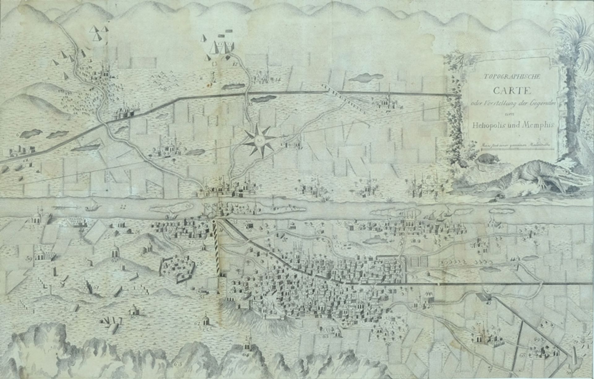 TOPOGRAPHISCHE KARTE VON HELIOPOLIS UND MEMPHIS, gestochene Faltkarte der Ebene mit den Gebäuden in