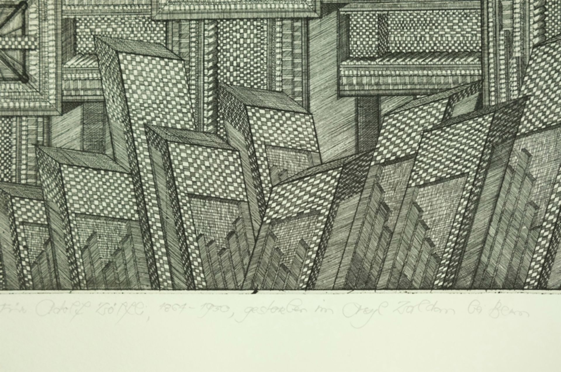 UNBEKANNT "Ohne Titel", geometrische Formen, winzige Bänderungen mit Schachbrett-Muster, Widmung "F - Bild 4 aus 6