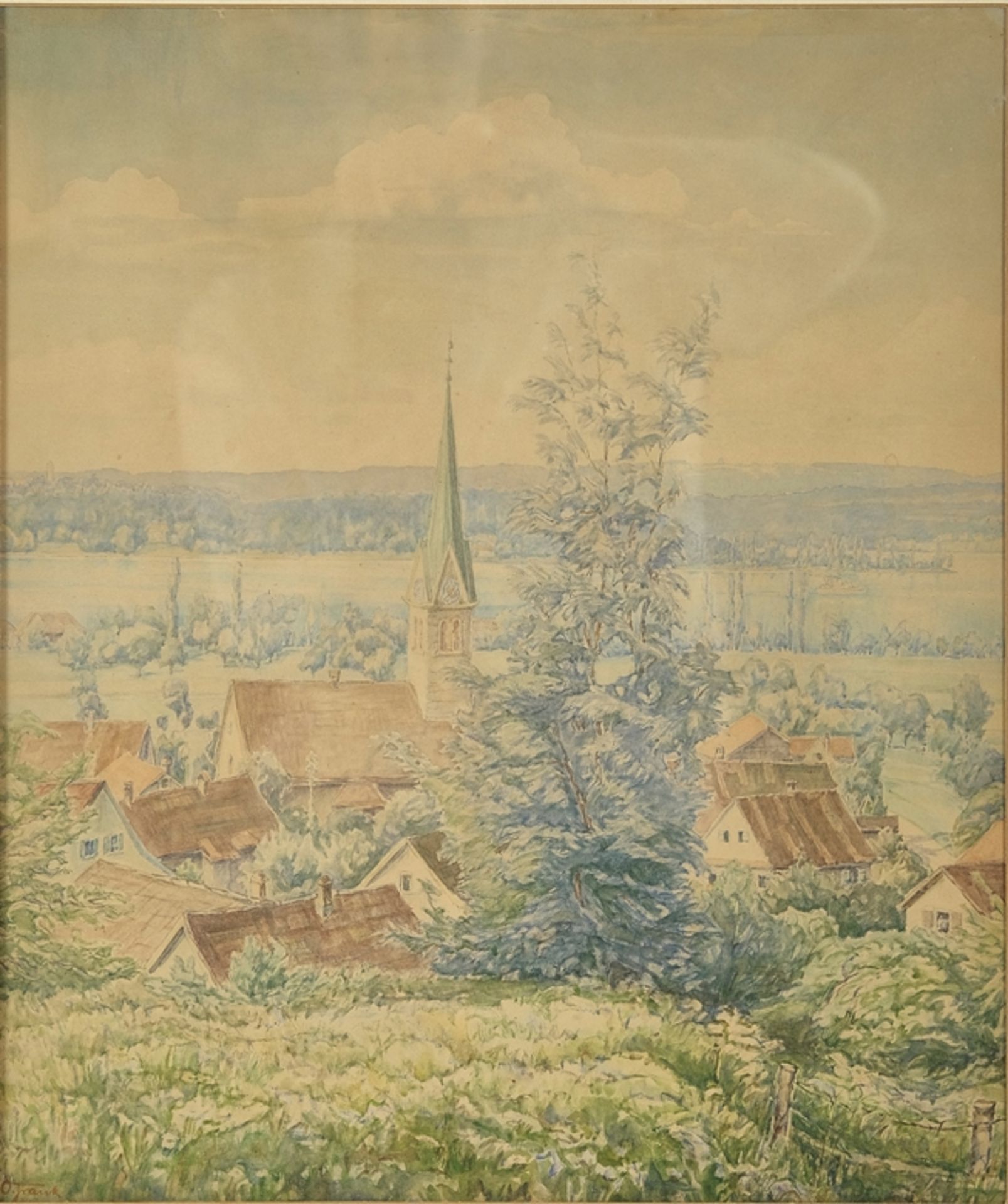 FRANK, O., Ausblick über Häuser und Kirche. PP 41 x 34.5 cm, R 58 x 48.5 cm.