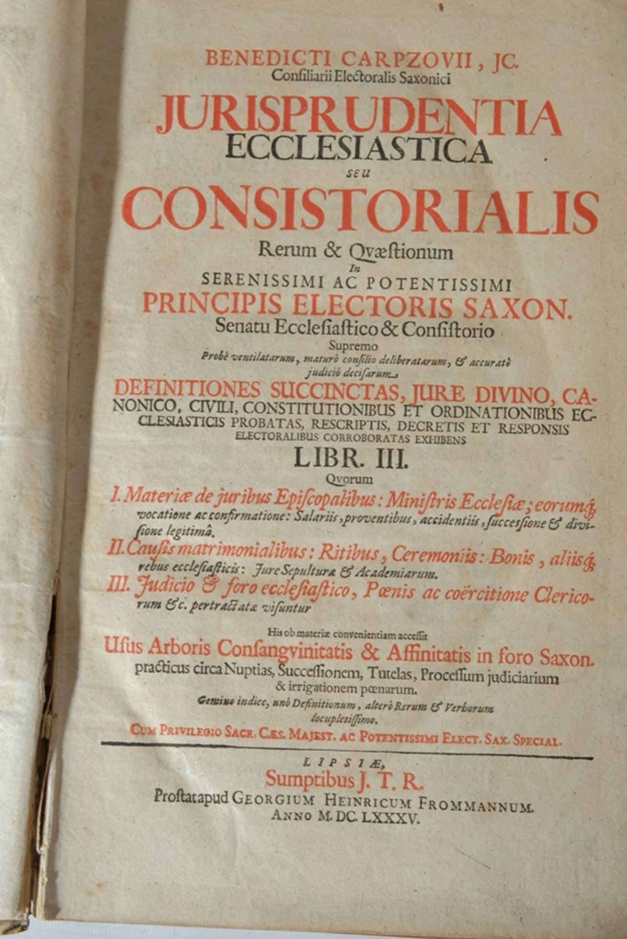 CARPZOV BENEDICT "Jurisprudentia ecclesiastica seu consistorialis" , verl. Georg Heinrich Frommann, - Image 4 of 4