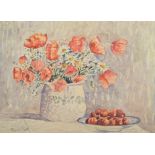 KIRMSE "Mohn und Kirschen", Aquarell. Stillleben, blühender Mohn in Vase und Schale mit Kirschen. U