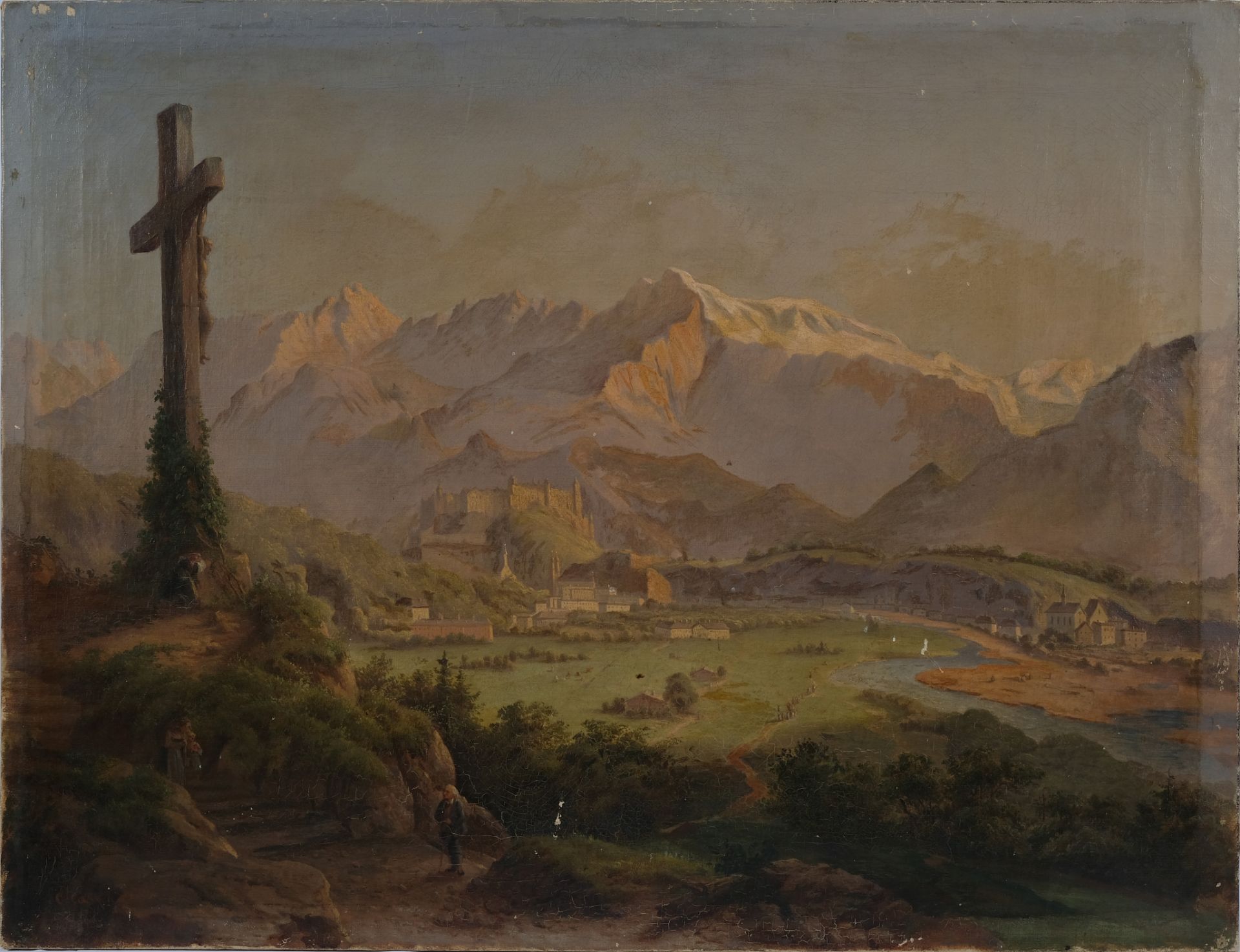 CASPAR C. "Alpen mit Festung und Wegkreuz" Öl auf Leinwand um 1860