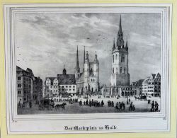 HALLE "Der Marktplatz zu Halle" Lithographie aus: Borussia. Museum für Preußische Vaterlandskunde. 