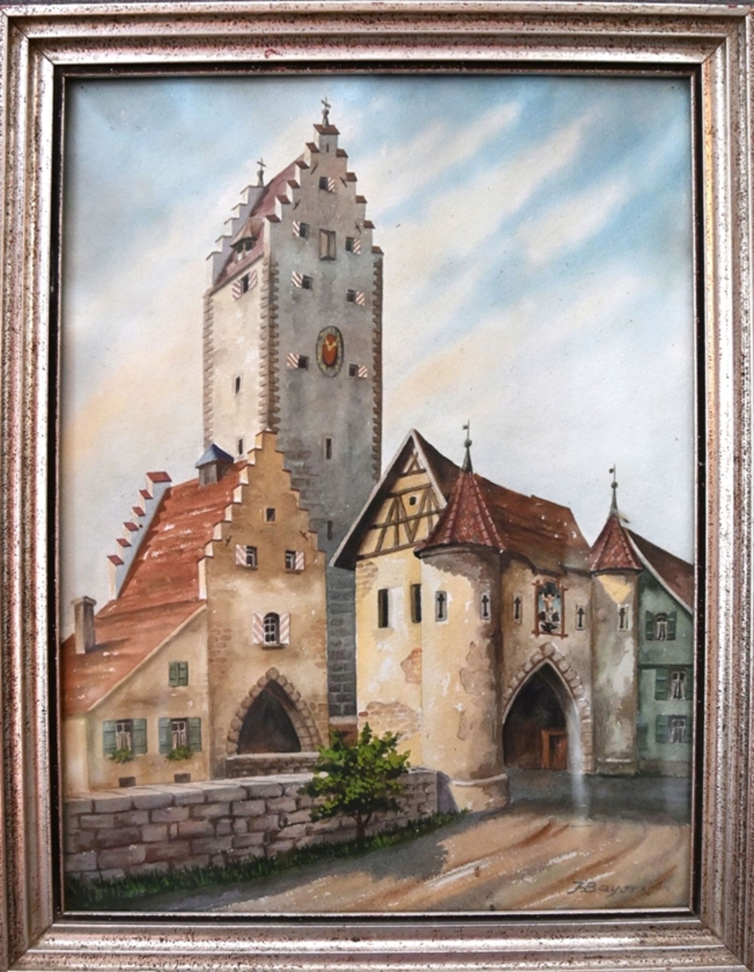 BAYER J. "Pfullendorf Stadttor", Aquarell, Mai [19]55. Unten rechts signiert. Rückseitig handschrif