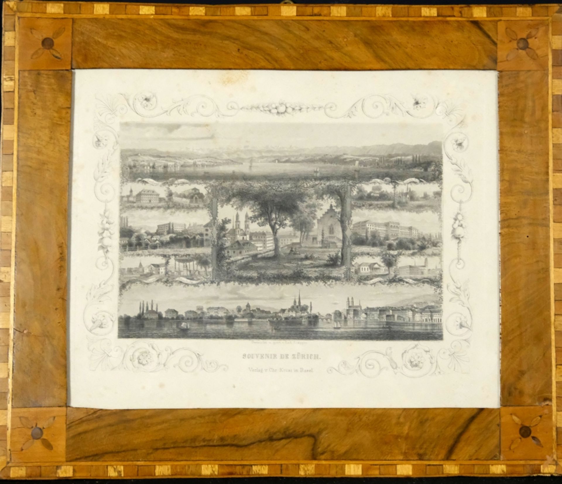 BIEDERMEIERRAHMEN, süddeutsch, mit Intarsien, verschiedene Obsthölzer, um 1830, 27x32cm, darin: Sta