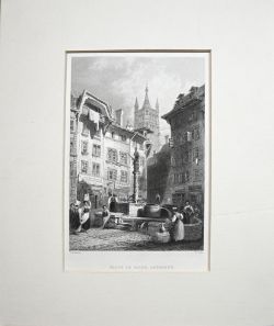 LAUSANNE "Place de Palud, Lausanne. Plein van Palud", Stahlstich von William Wallis (1794 London -1