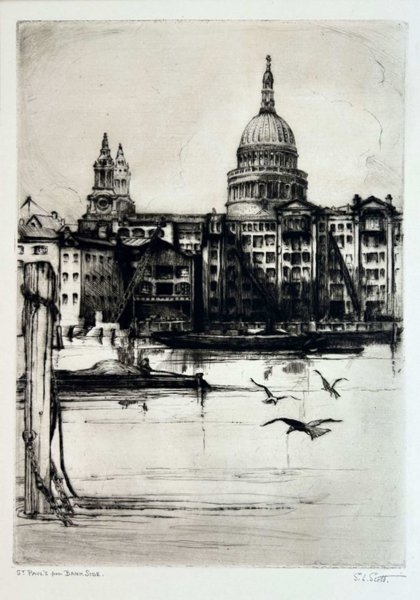 SCOTT, S.L. (Lebensdaten unbekannt), "St. Paul's from Bank Side", Ansicht London, Radierung, unten