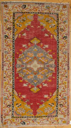 VINTAGE-ORIENTTEPPICH, Rot-gelb-weiß-blauer Teppich mit alters- und gebrauchsbedingten Spuren, 168x