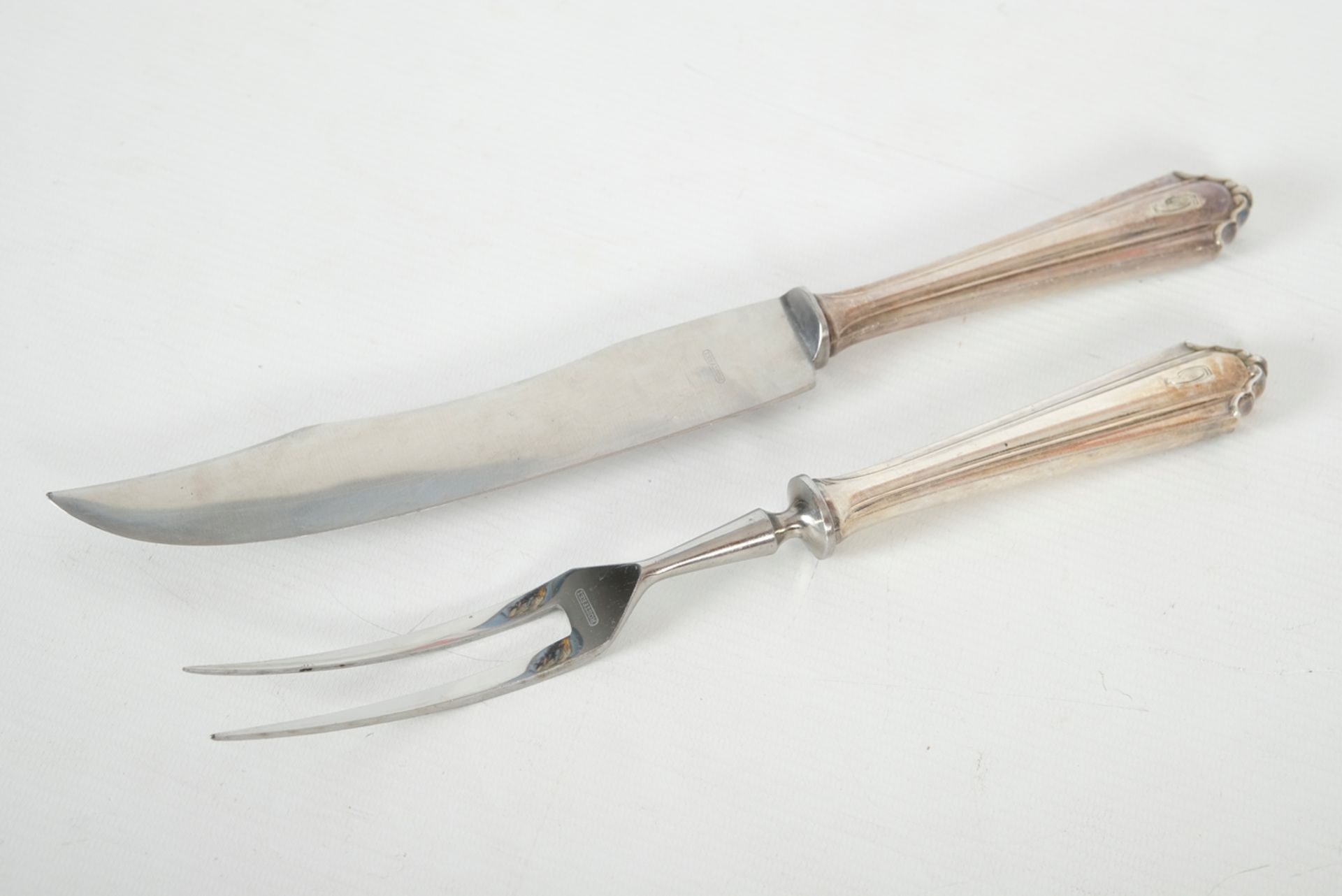 TRANCHIERBESTECK Fleisch, 2 Teile (800er Silber), 1 Messer = 144g, 1 Gabel = 134g
