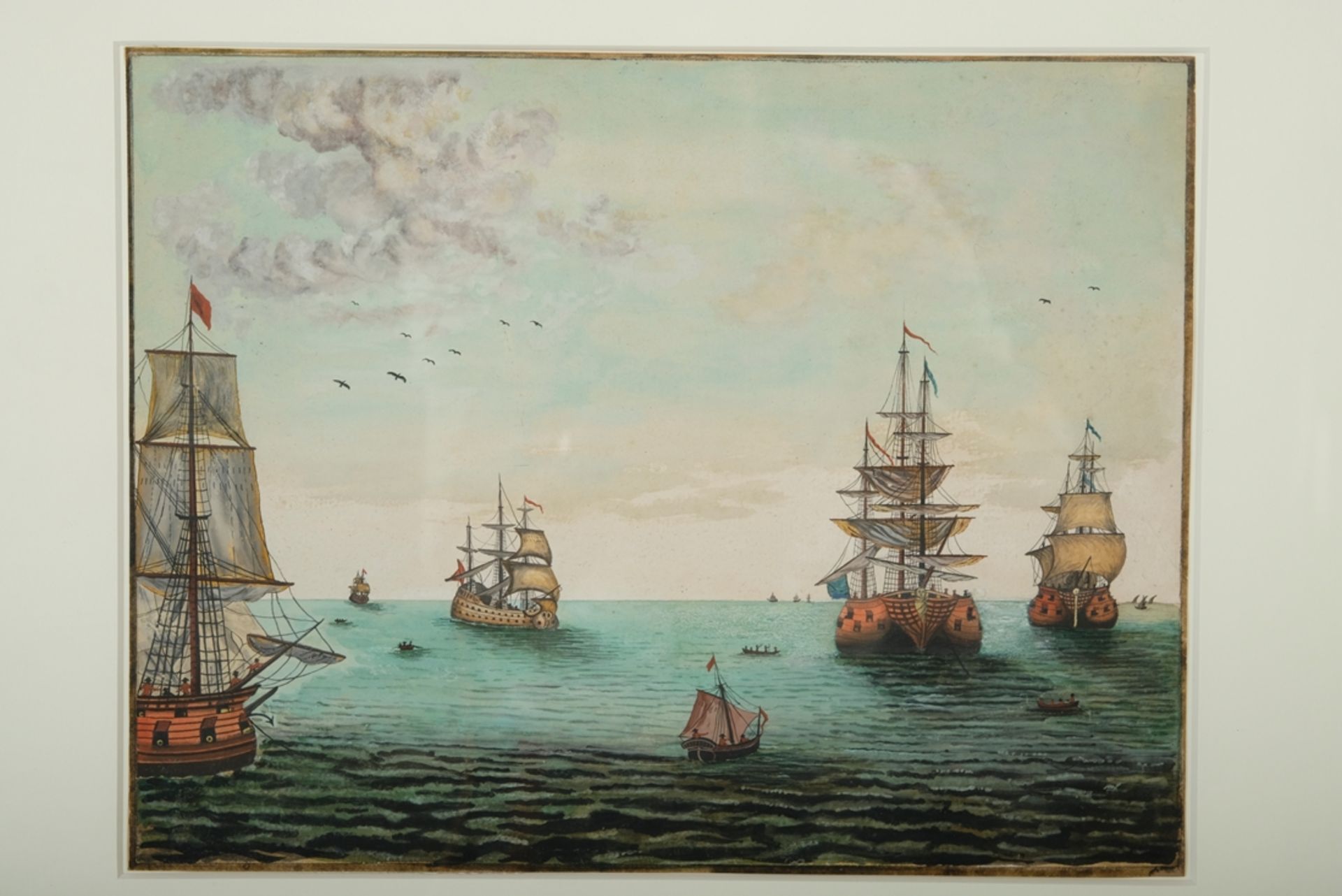 UNBEKANNT "Segelschiffe", auf hoher See, Tusche über Aquarell auf Karton. Karton 25 x 32 cm, R 44 x