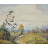 RUPPRECHT K. "Blick in weite Landschaft", Öl auf Platte, 1943. Blick über Wiesen und Ackerflur hinw