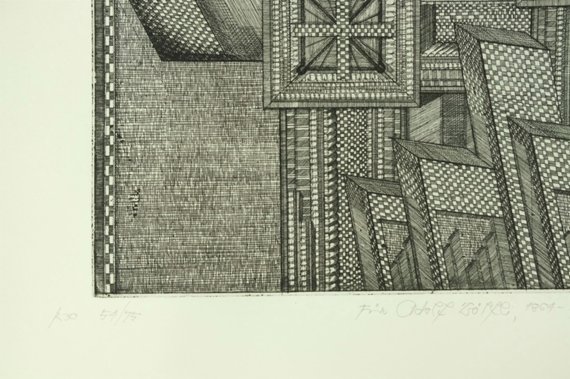 UNBEKANNT "Ohne Titel", geometrische Formen, winzige Bänderungen mit Schachbrett-Muster, Widmung "F - Bild 3 aus 6