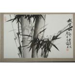 CHINA "Bambus", Tuschmalerei auf Papier, aufgeklebtes PP aus Stoffborde, silberner Aluminium-Rahmen