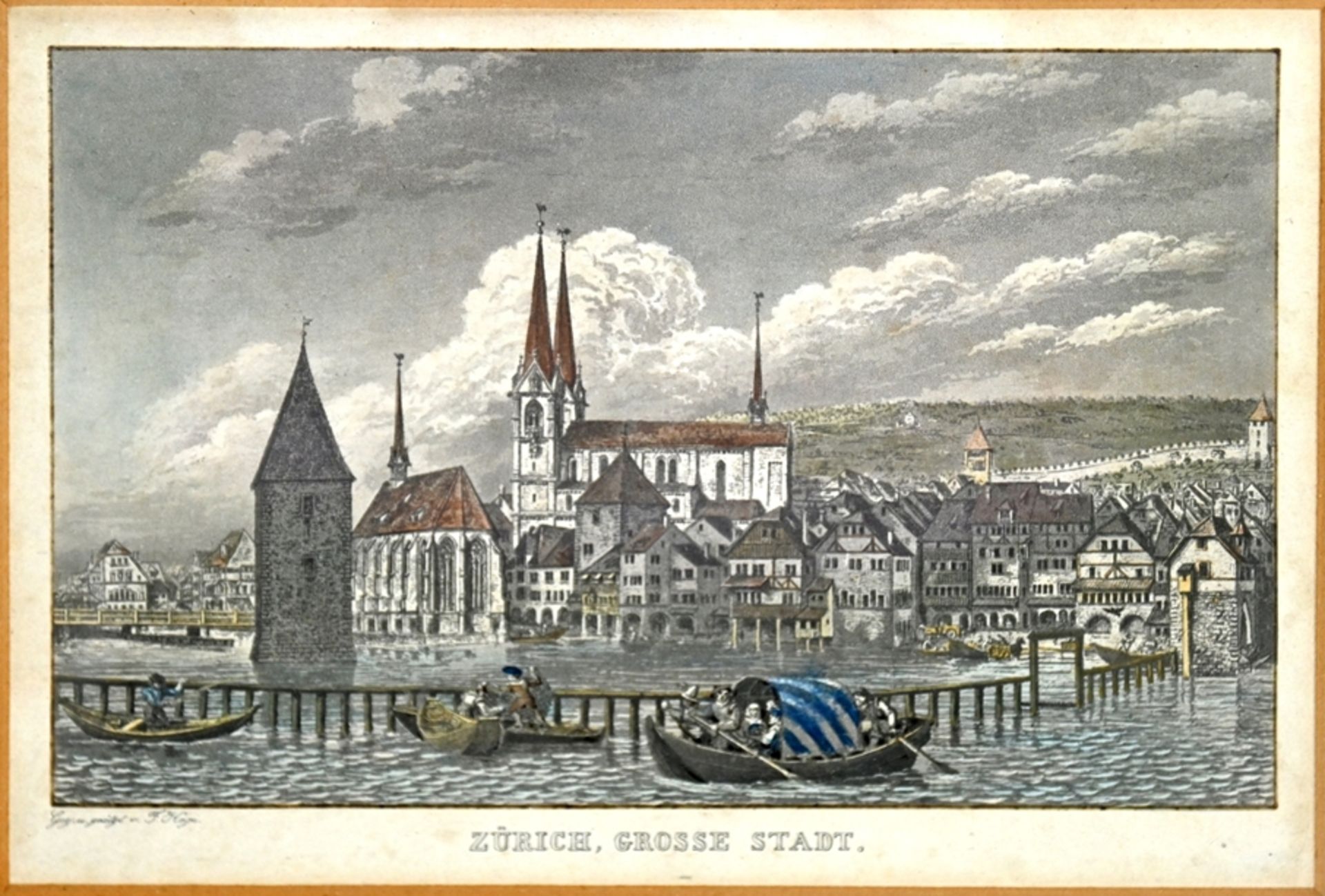 ZÜRICH, "Zürich große Stadt" Blick auf die Stadt mit Kirche von der Limmat aus gesehen, kolorierte