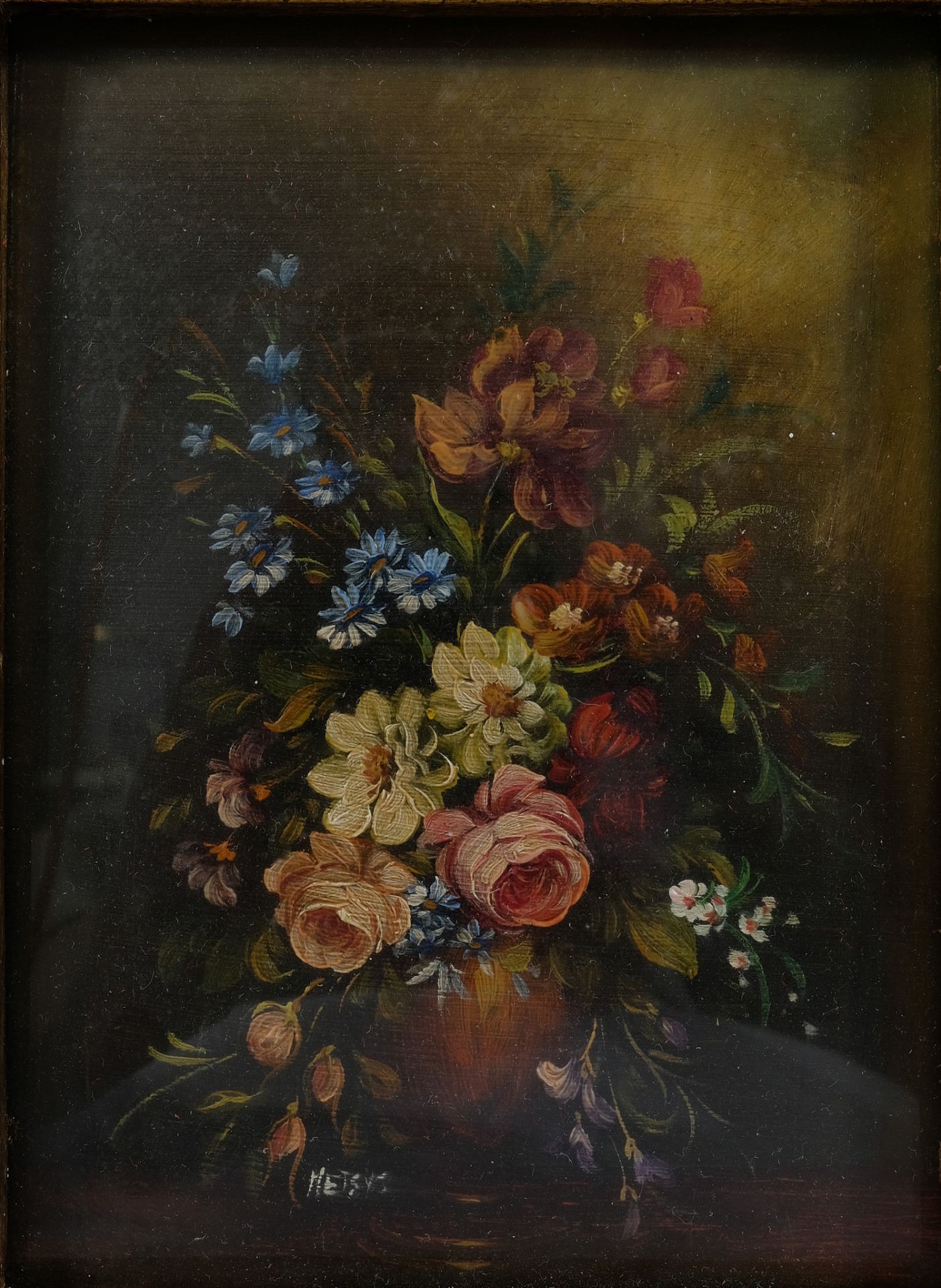 METSYS "Blumenstilleben", Miniatur, Öl auf Platte. Unten links signiert. Sichtbarer Ausschnitt 11 x
