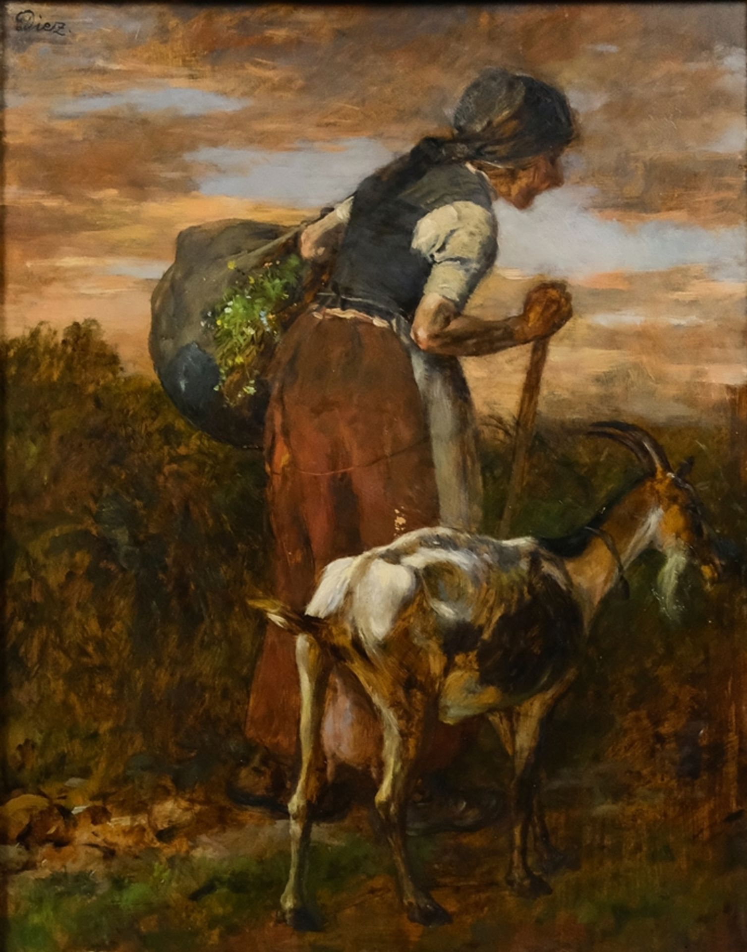 DIEZ Hugo (1863-1943) "Alte Bäuerin mit Ziege", Öl auf Holz