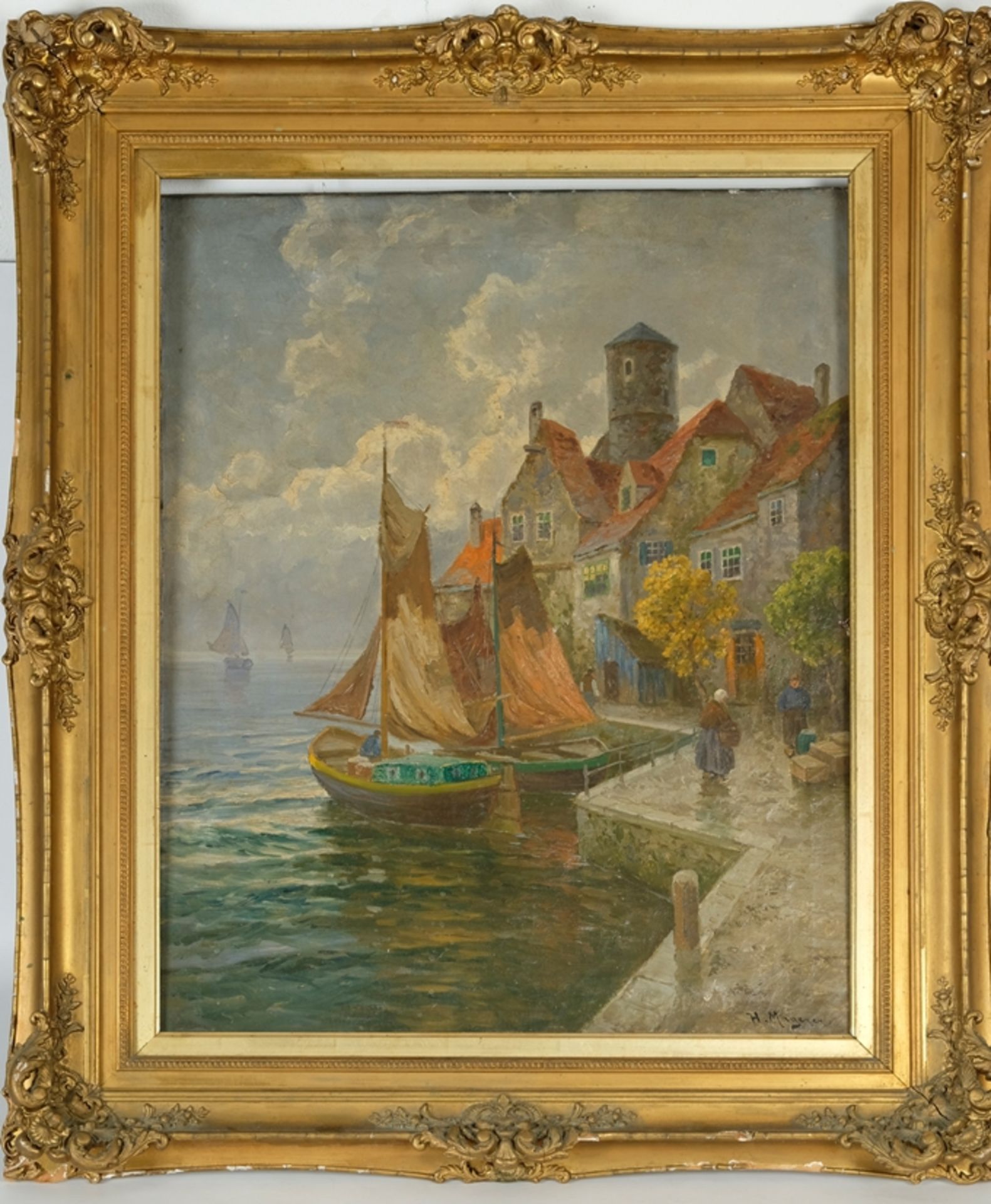 Magerer, H. (20th century) Wall of a harbour with sailing ships, oil on canvas.  - Image 2 of 6