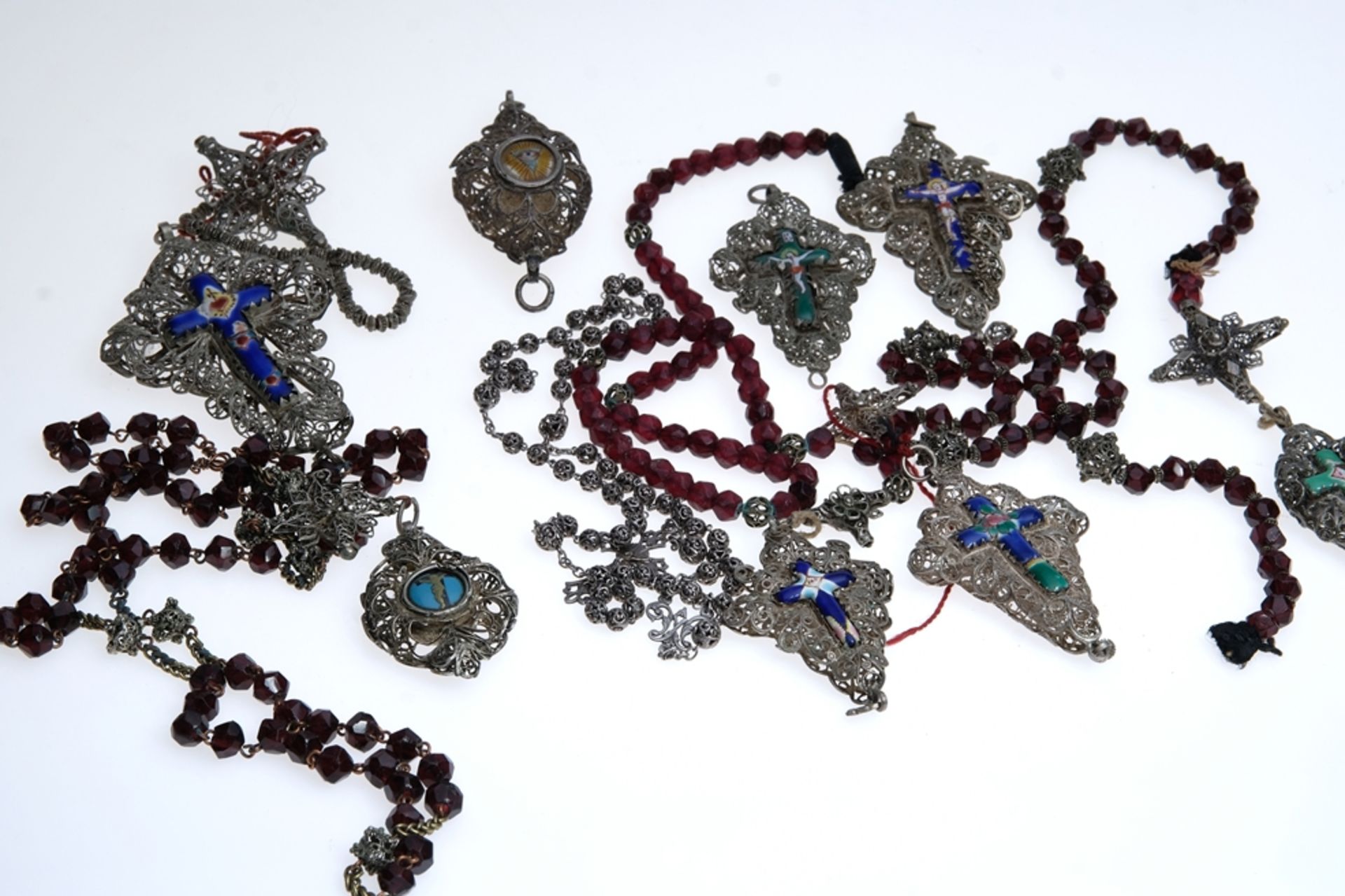 Sacred lot: four rosaries and five : four rosaries and five cross pendants, antique