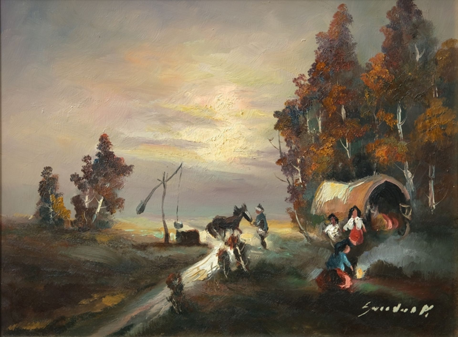 Kelemen, Sandor (Hungary-1990) Evening Mood with Carriage, oil on panel. 