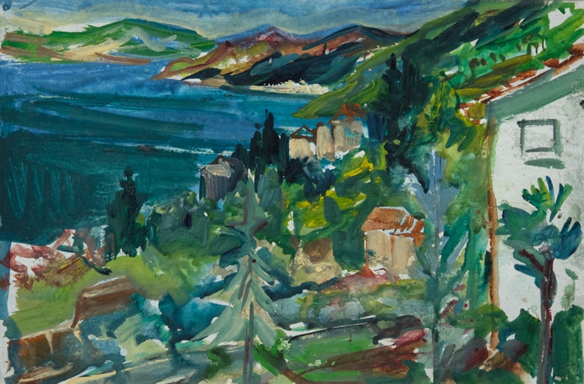 Lange-Brock, August (1891-1978), attributed to Italian Village, landscape painting in bright colour