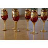 Six Murano wine glasses, Trefuochi, original Venetian wine glasses, ruby red glass, gold leaf ename