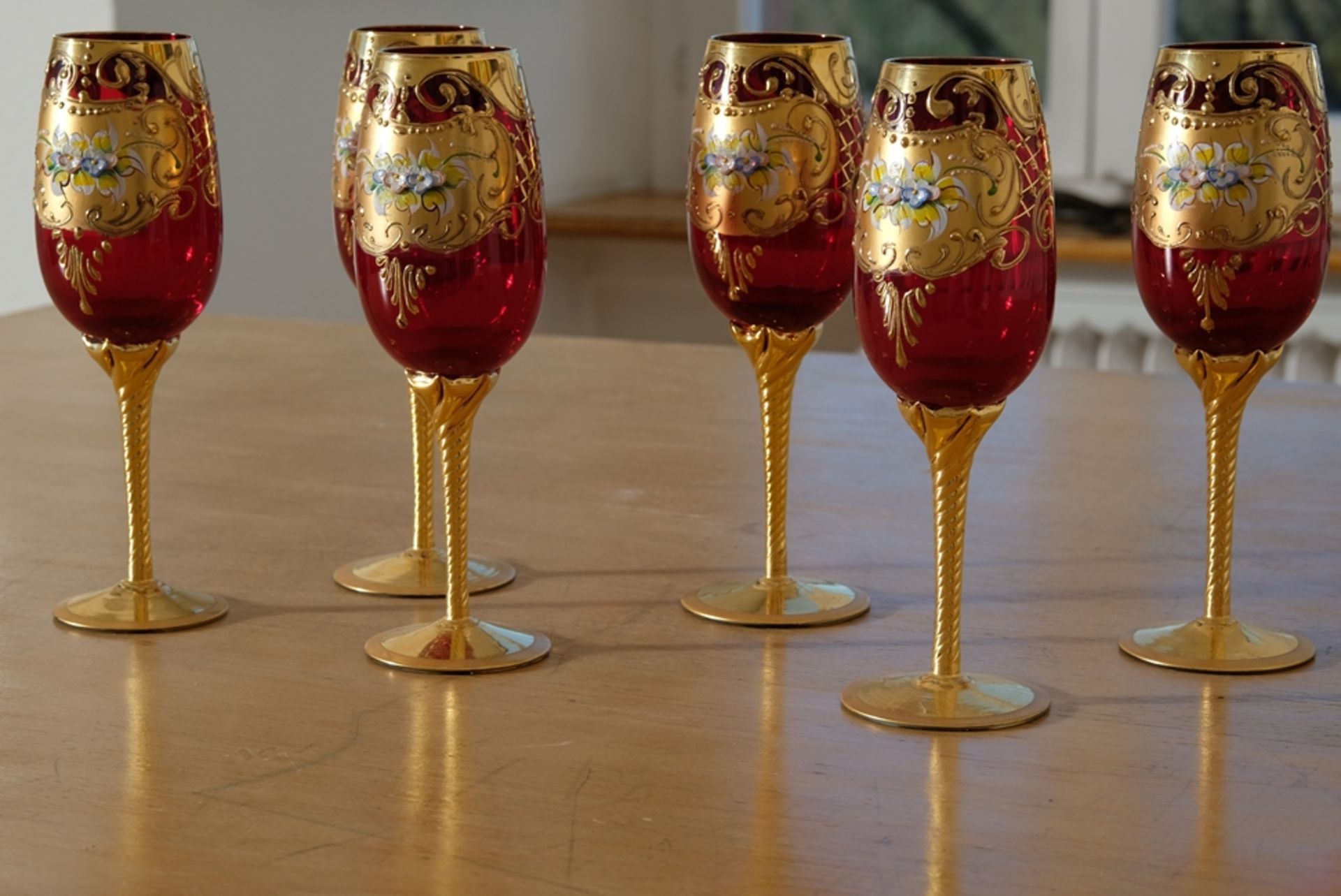 Six Murano wine glasses, Trefuochi, original Venetian wine glasses, ruby red glass, gold leaf ename