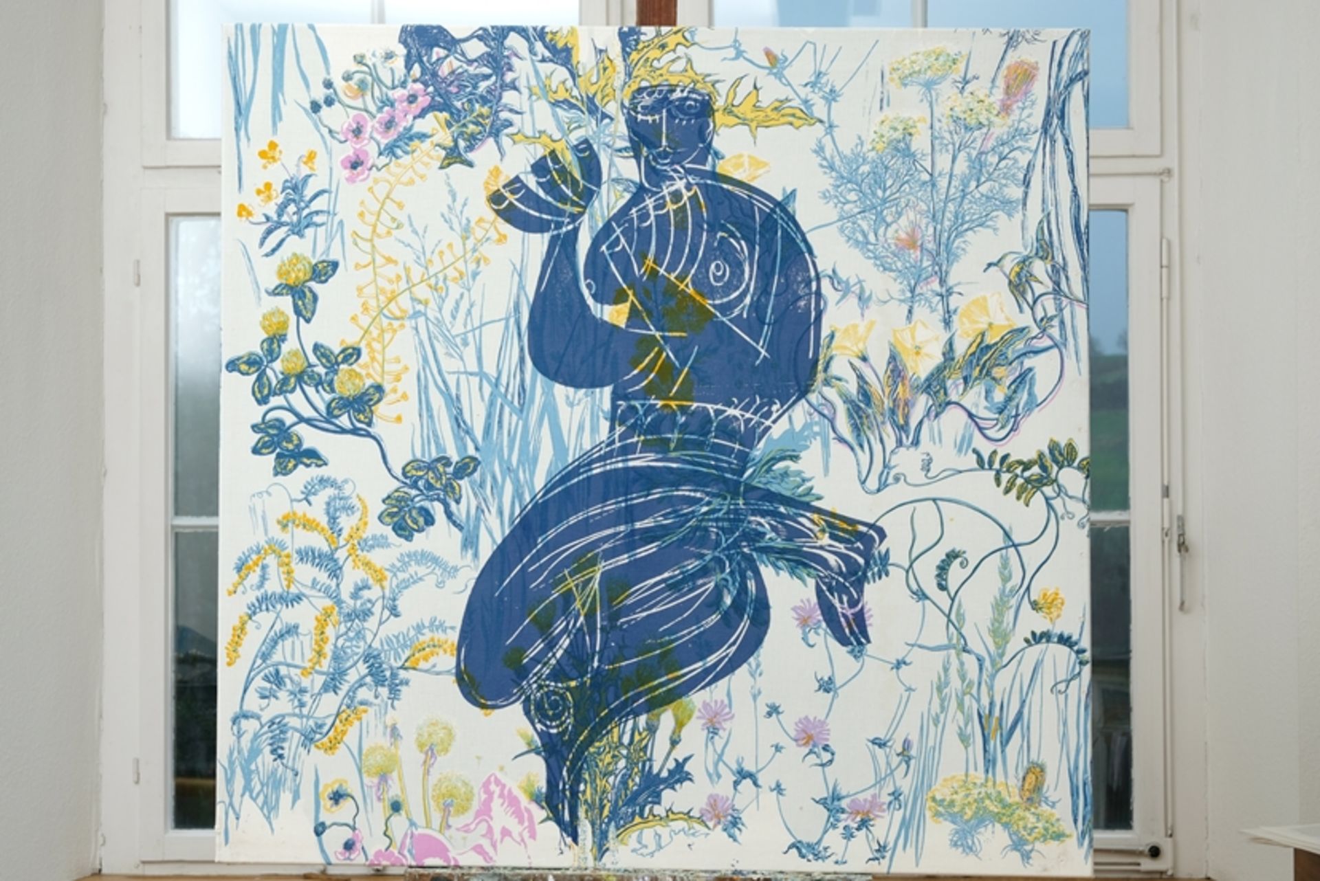 Grieshaber, HAP (1909-1981) "Vogelfrei II über Blumenwiese", 1974, Farbserigrafie auf Leinwand. Mee - Bild 2 aus 4