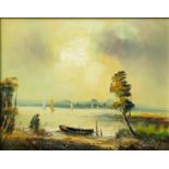 Kelemen, Sandor (Hungary-1990), Lake View, oil on panel. Boat moored on the shore, behind it lake a