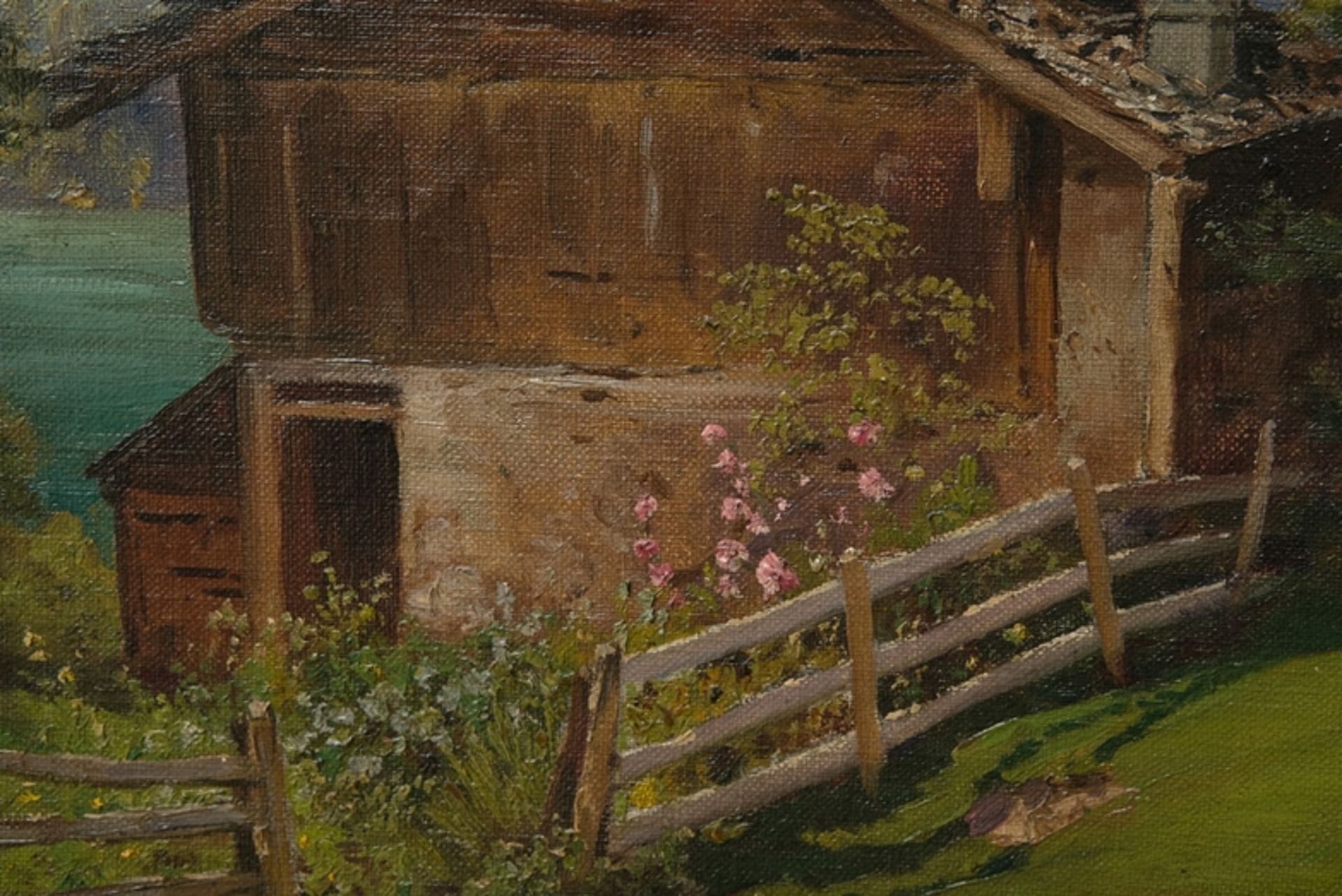 Leu, Otto Friedrich (1855-1922) Berghütte an Alpsee, 1915, oil on canvas. - Image 4 of 4