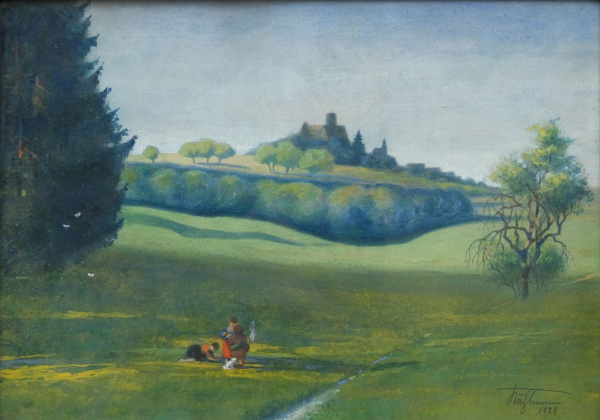 Unbekannt (20. Jahrhundert) Grüne Landschaft, Aquarell/Mischtechnik auf Papier, 1928.