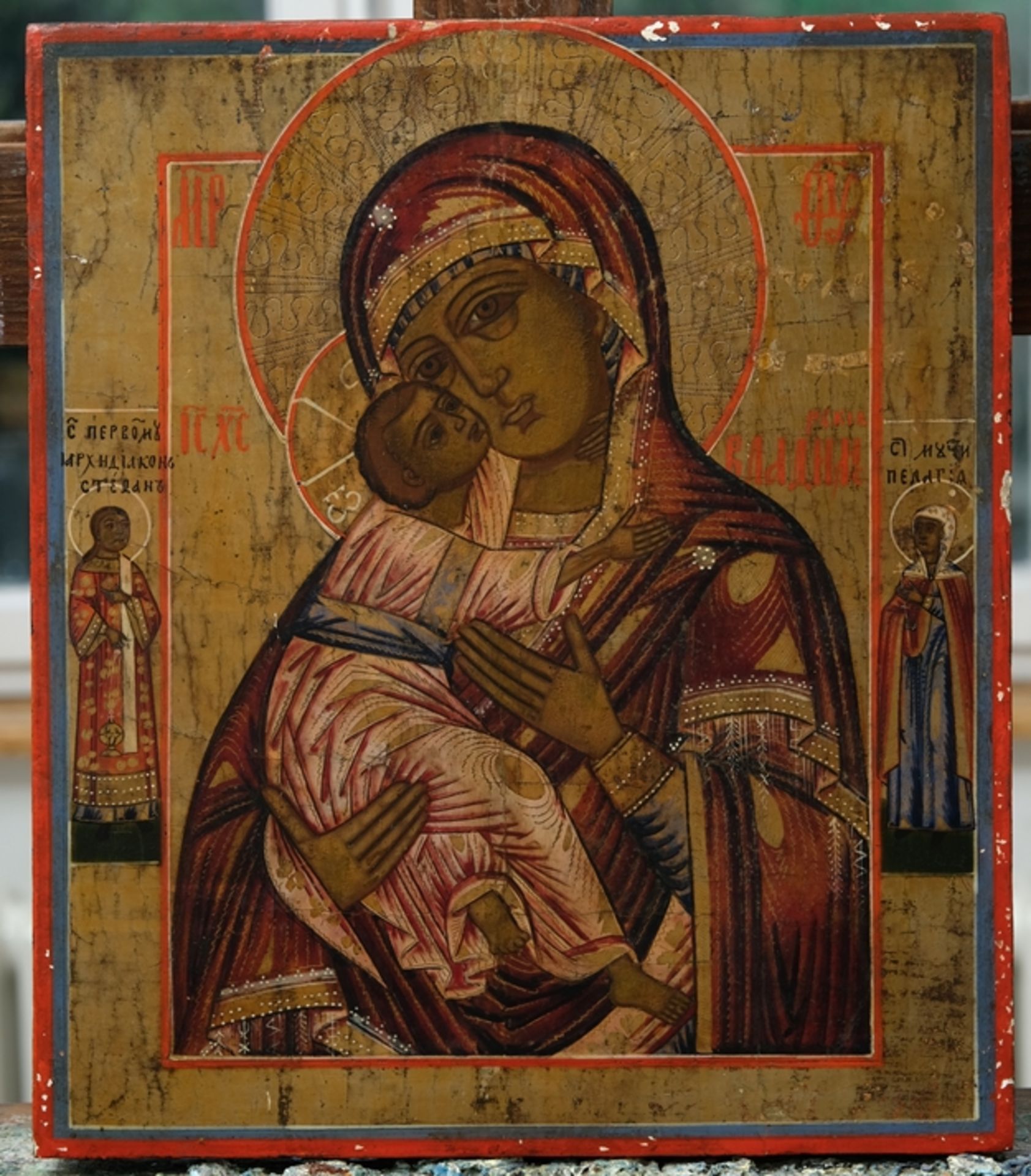 Russische Ikone, Kopie der "Gottesmutter von Vladimir", Anfang 19. Jh., Tempera auf Lindenholz. Das