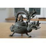 Dragon-shaped tea kettle with tripod stand. 