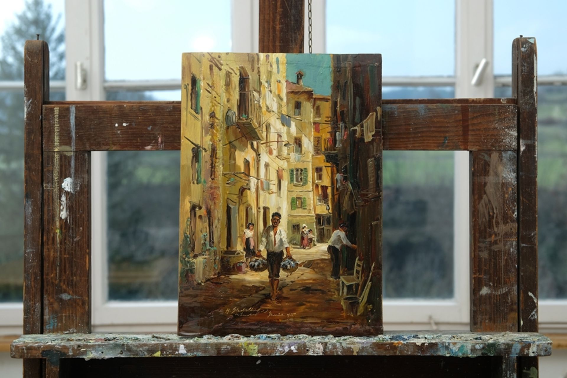 Stadelhofer, Helmut (1914-1979) Old Town of Genoa, 1955, oil on wood.  - Image 2 of 4