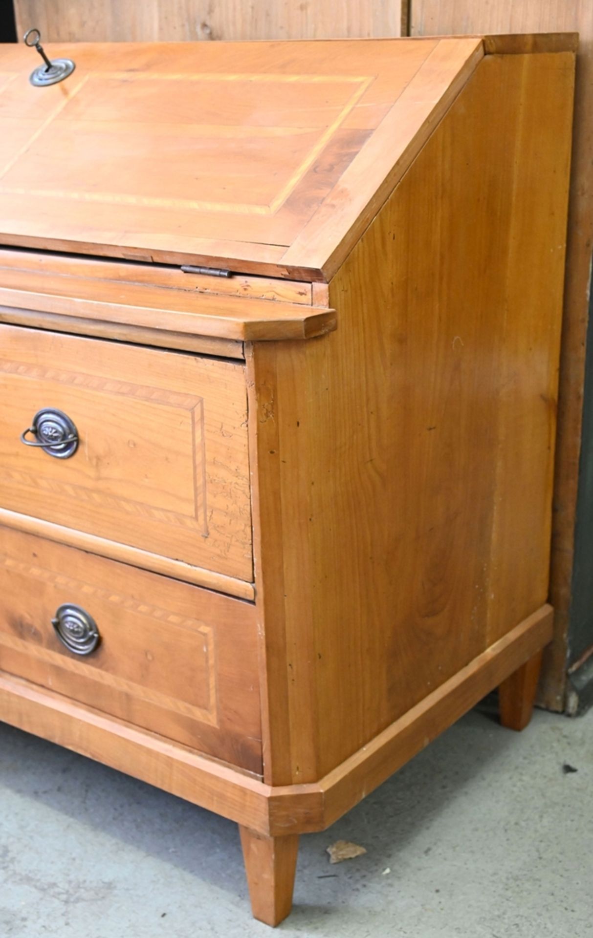 Writing chest with sloping flap, around 1800, cherry wood with thread inlays. Two drawers. Interior - Image 3 of 6