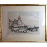 Frankfurt am Main ''Frankfort'', getönte Lithografie. Blick in das Hafenbecken der Stadt, am Mainka