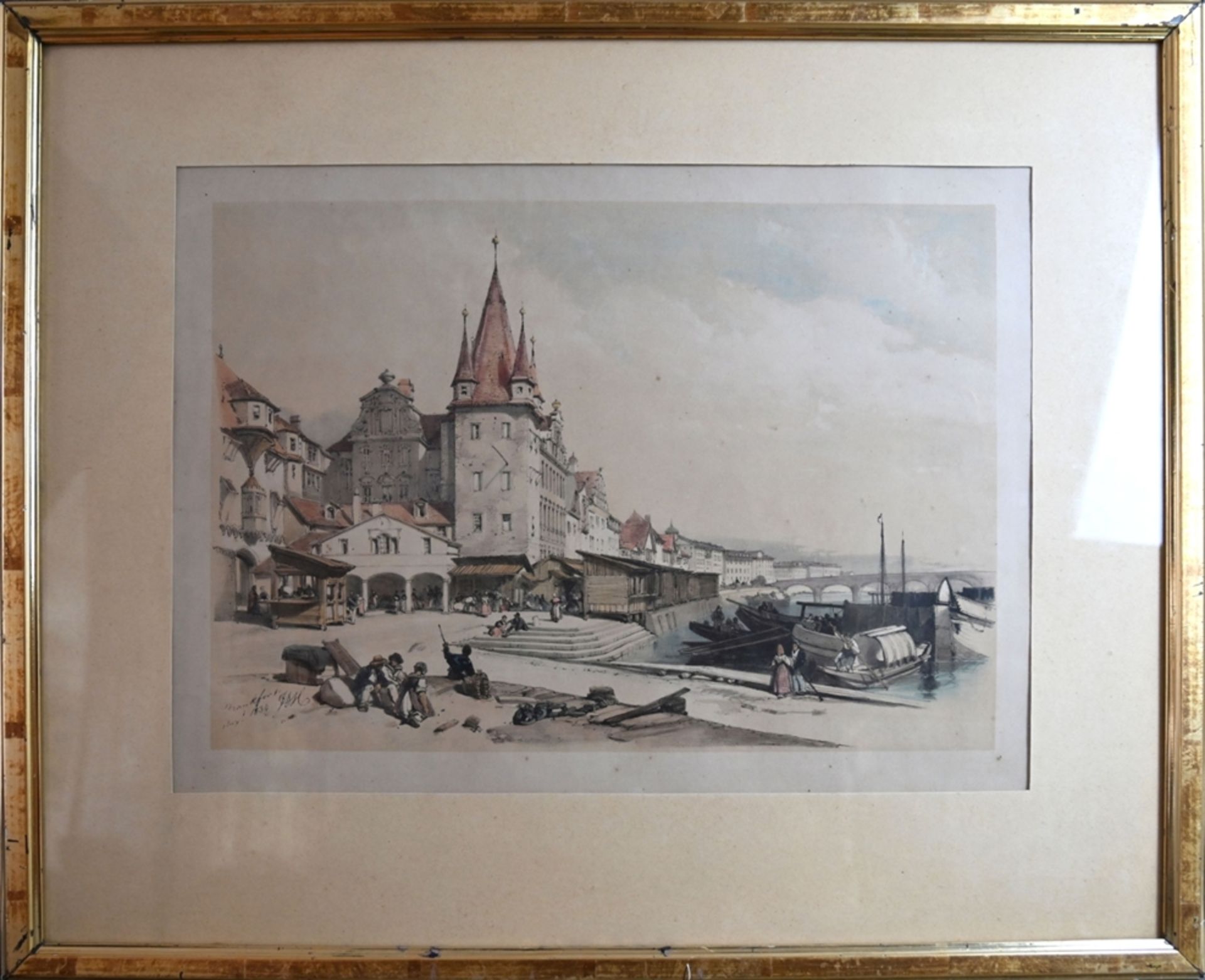 Frankfurt am Main ''Frankfort'', getönte Lithografie. Blick in das Hafenbecken der Stadt, am Mainka