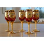 Six Murano wine glasses, Trefuochi, original Venetian wine glasses, ruby red glass, gold leaf ename