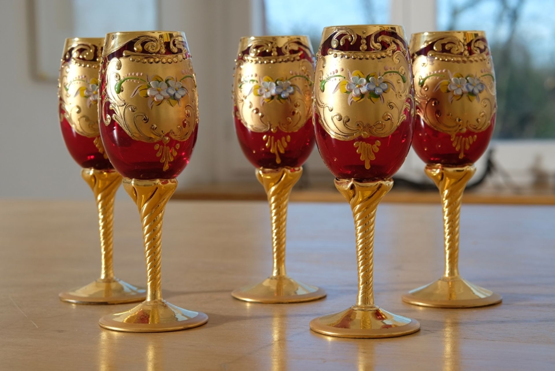 Six Murano wine glasses, Trefuochi, original Venetian wine glasses, ruby red glass, gold leaf ename