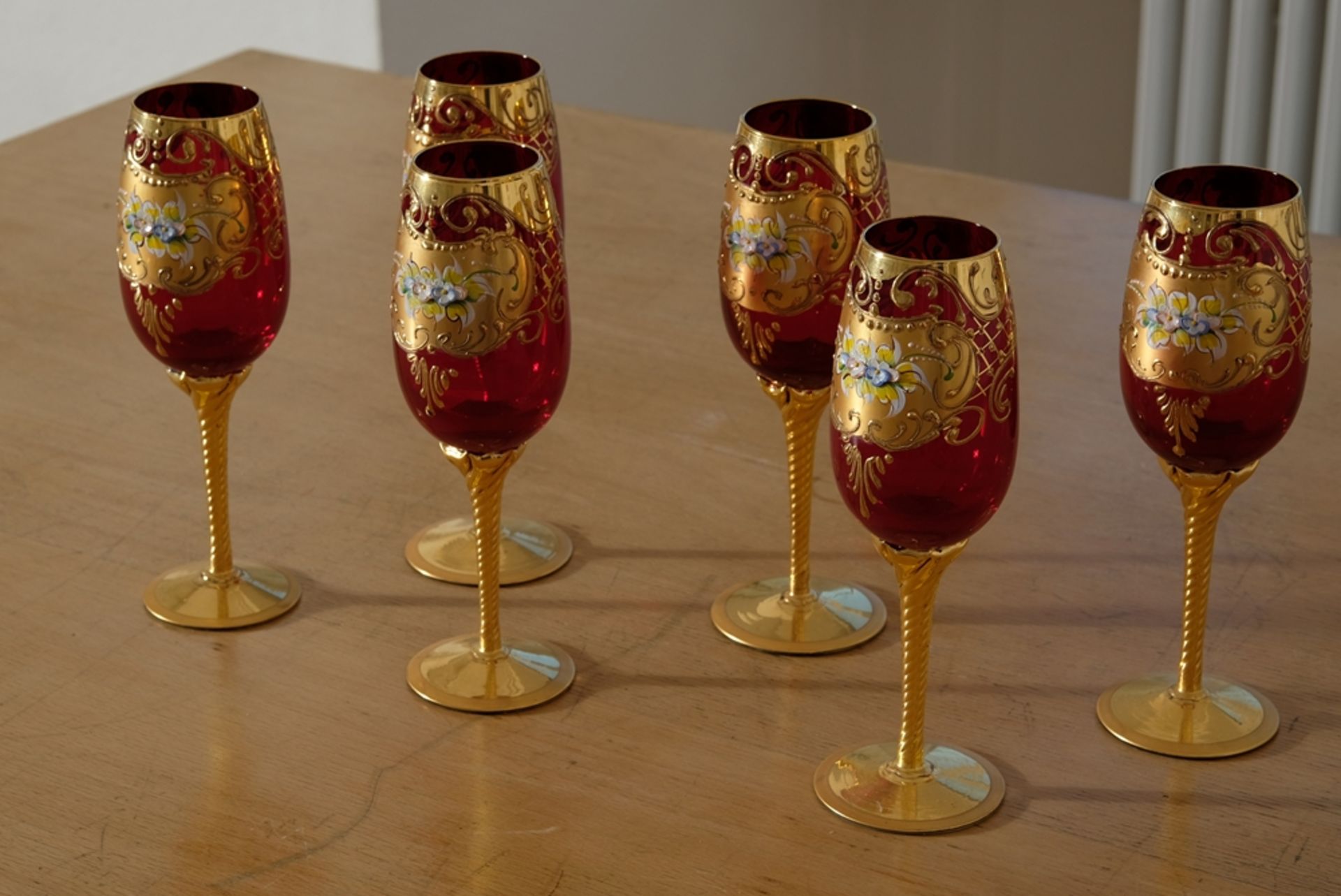 Six Murano wine glasses, Trefuochi, original Venetian wine glasses, ruby red glass, gold leaf ename - Image 2 of 3
