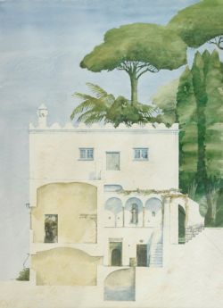 Böckmann, Bengt (geboren 1937) "Anwesen" unter Pinien, Querschnitt eines Hauses mit Säulen, einer H
